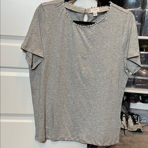 JCrew Factory Heather Gray Top with Pearl and rhinestone Accents
